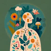an illustration of a woman surrounded by plants and flowers. . photo