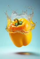 yellow bell pepper with water splash and green leaf on top. . photo