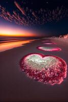 Pareja de corazones sentado en parte superior de un arenoso playa. generativo ai. foto