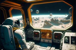 man in a space station looking out the window. . photo