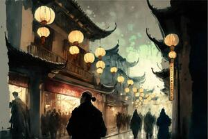 painting of people walking down a street at night. . photo