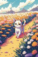 gato caminando mediante un campo de flores generativo ai. foto