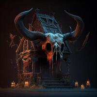 creepy house with a horned skull in front of it. . photo