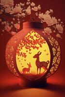 lighted lamp with a deer and flowers on it. . photo