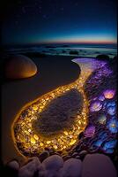 Pareja de rocas sentado en parte superior de un arenoso playa. generativo ai. foto