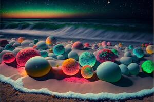 bunch of balls sitting on top of a sandy beach. . photo