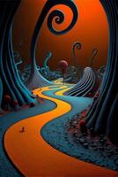 painting of a winding road surrounded by trees. . photo