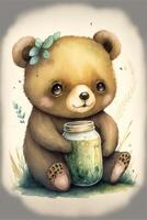 painting of a bear holding a jar of honey. . photo