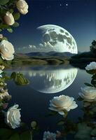 a picture of a full moon over a body of water. . photo