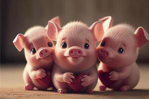 Tres pequeño cerdos sentado siguiente a cada otro. generativo ai. foto