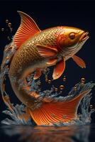 gold fish jumping out of the water. . photo