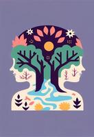 stylized illustration of a womans face with trees in the background. . photo