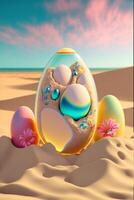 an easter egg sitting on top of a sandy beach. . photo