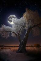 árbol en un campo con un lleno Luna en el antecedentes. generativo ai. foto