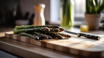 Cocinando verde espárragos en de madera tablero en mesa en cocina sano vegano comida generativo ai foto