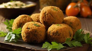 falafel en un mesa en un de madera tablero con perejil o cilantro vegano comida generativo ai foto