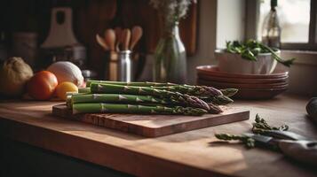 ai generado Cocinando verde espárragos en de madera tablero en mesa en cocina sano vegano comida generativo ai foto
