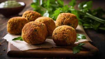 Falafel on a table on a wooden board with parsley or cilantro vegan food generative AI photo