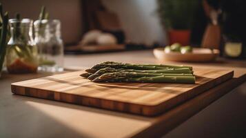 Cocinando verde espárragos en de madera tablero en mesa en cocina sano vegano comida generativo ai foto