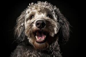 ai generado gracioso alegre Rizado mullido gris perro retrato en un oscuro antecedentes lagoto romagnolo mascota amor generativo ai foto