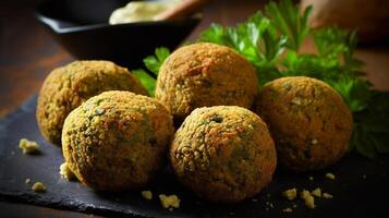 Falafel on a table on a wooden board with parsley or cilantro vegan food photo