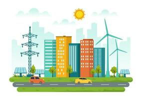 Energy Efficiency in the City Vector Illustration with Sustainable Environment for Electricity Generated From Sun and Wind in Hand Drawn Templates