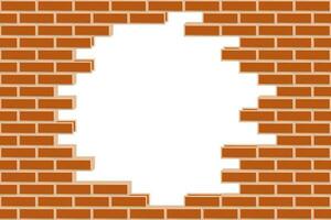 Broken brick wall with copy space for your design. Vector round hole on brick wall on white background.