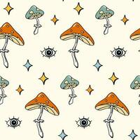 Toadstool mushroom eye and stars seamless pattern background design 70s retro style vector