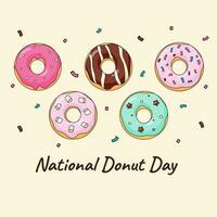 National Donut Day cartoon colorful greeting card or flyer vector square background template