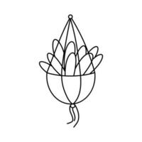 Cute cactus, succulent indoor plant in hanging  pot. Vector isolated illustration.  Floral drawing in outline style.