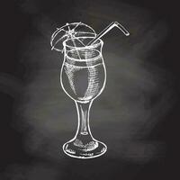 Hand drawn  sketch of cocktail with straw and umbrella. Vintage vector illustration of cocktail in glass  isolated on chalkboard background. Doodle drawing.