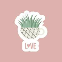 Cute succulent indoor plants in mug,  pot.  Sticker in flat style. Love lettering. Floral card design in cartoon flat style. vector