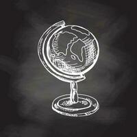 Hand drawn  sketch of vintage globe. Vintage vector illustration isolated on chalkboard background. Doodle drawing.