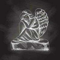 Hand drawn sad stone angel  sitting with his head on his knees. Marble tombstone. Vector drawing on chalkboard background. Illustration for funeral business. Sketch christian symbol of death, cemetery