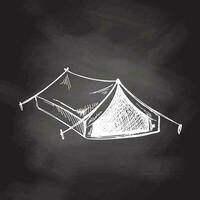 Hand drawn  sketch of tourist tent. Vintage vector illustration isolated on chalkboard  background. Doodle drawing.