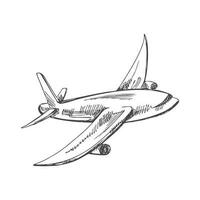 Hand drawn sketch of flying plane. Vintage vector illustration isolated on white background. Doodle drawing. Digital technology.