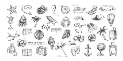 Hand drawn sketch set of travel icons. Tourism and camping adventure icons. vector