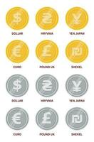 Vector set of currency signs in gold and silver color