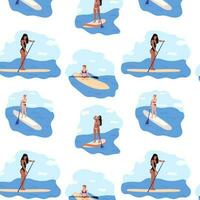 A seamless pattern of people on paddle boards in a blue ocean. vector