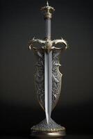 close up of a sword on a stand. . photo