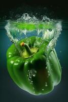 there is a green pepper with water splashing on it. generative ai. photo