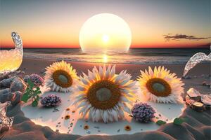 group of sunflowers sitting on top of a sandy beach. . photo