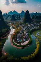 river running through a lush green valley. . photo