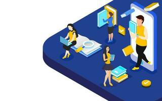 Isometric illustration of smartphone with people studying or preparing for Online Library concept based banner design. vector