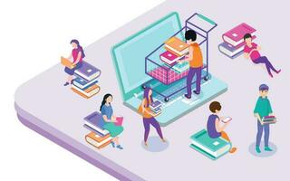 Online book shopping app in laptop with people studying for Education or learning concept based isometric design. vector