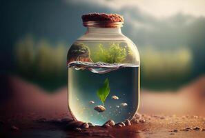 Earth in water bottle glass on the ground background. Environment and World savings concept. Digital art illustration. photo