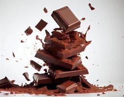 Closeup stacked chocolate chunks falling. Food and dessert concept. Generative AI photo