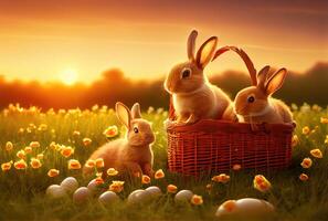 Cute rabbits family in the meadow with many Easter eggs in golden hour. Digital art theme. photo