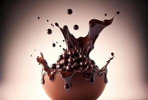 Dark chocolate ball falling on the chocolate dip and splashing on dark background. Food and dessert concept. photo