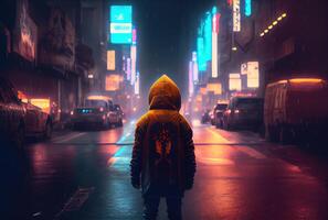 Back view of lost child was standing in the middle of a street with hoodie costume in the cyberpunk dark city background. People and lifestyles concept. Digital art illustration. photo